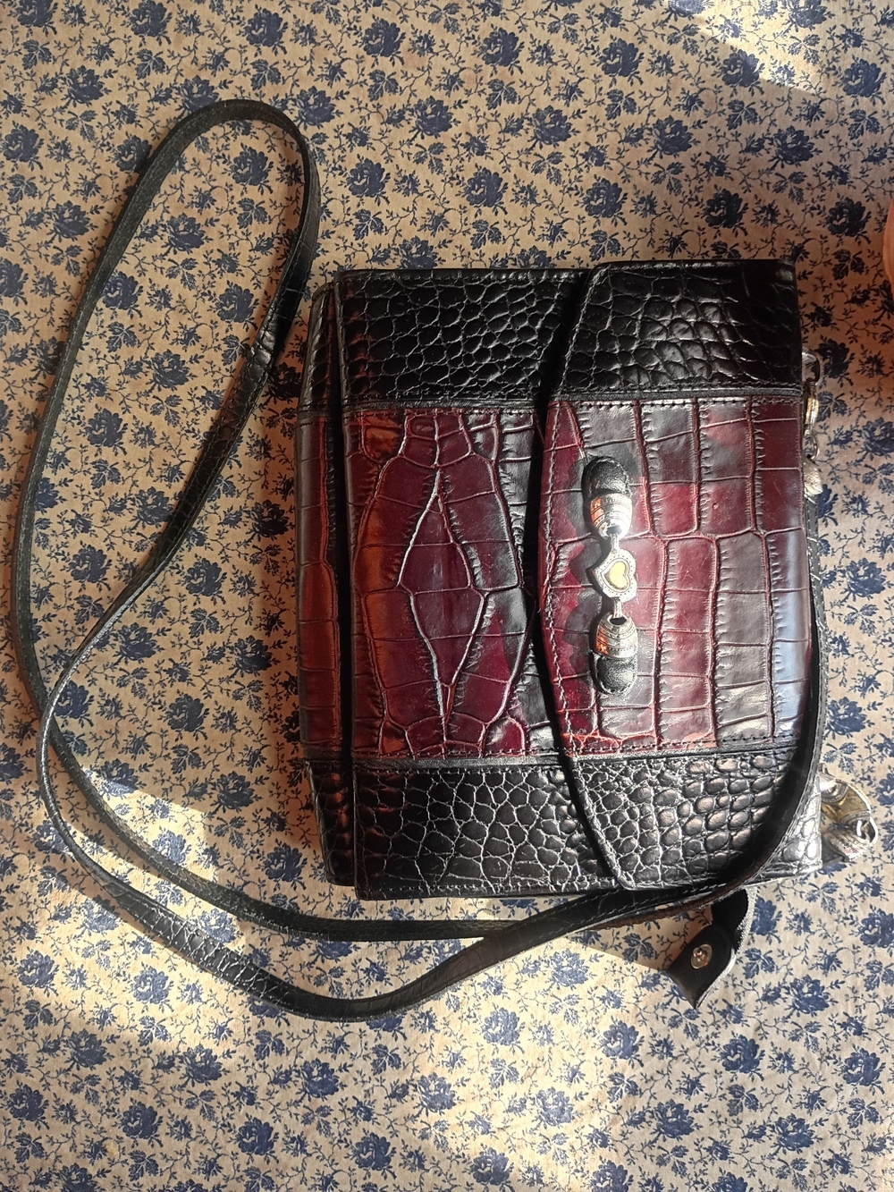Brighton Black and Burgundy Croc-Embossed Crossbody Bag